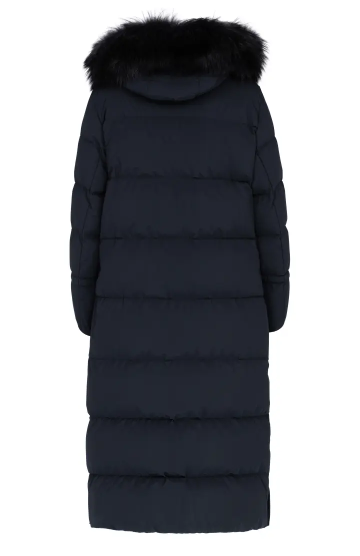Пуховик женский длинный А-образый, со съемным капюшоном