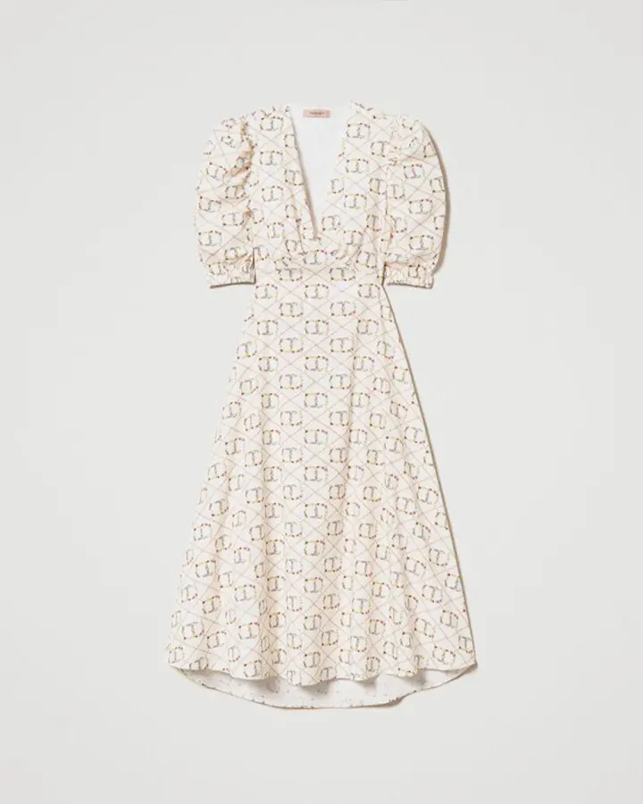 Платье с коротким рукавом и открытой спиной, принт "цветочный логотип"