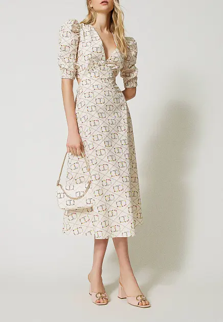 Платье с коротким рукавом и открытой спиной, принт "цветочный логотип"