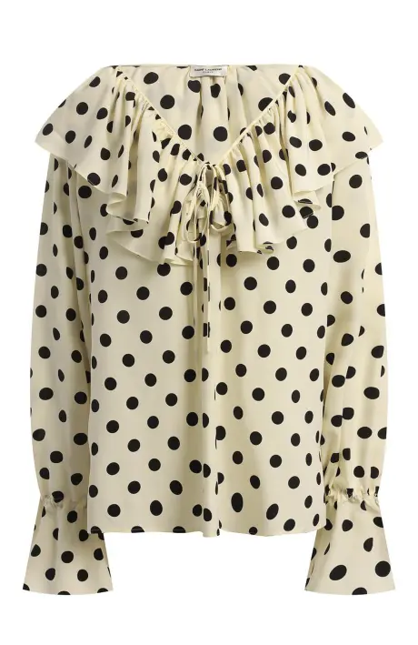 SAINT LAURENT Шелковая блузка в горох с оборками