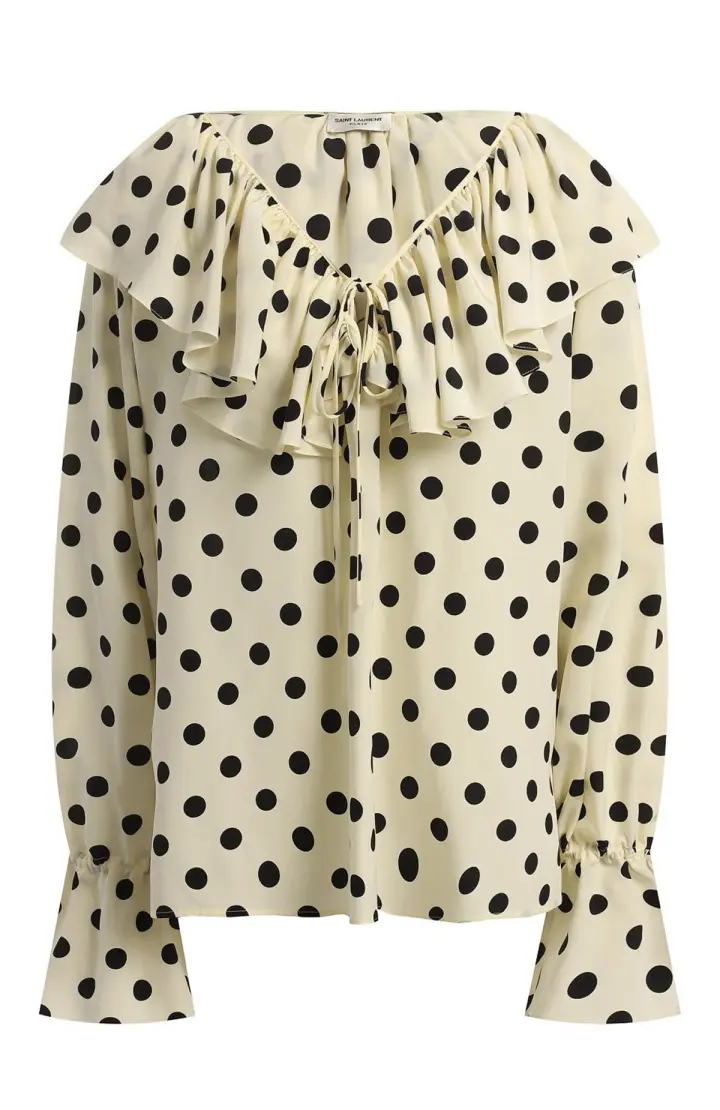 SAINT LAURENT Шелковая блузка в горох с оборками