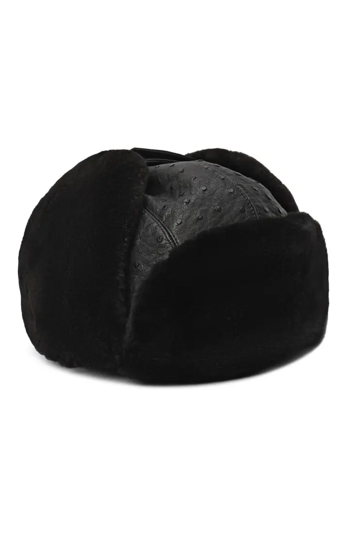  Шапка мужская кожа страуса мех бобер